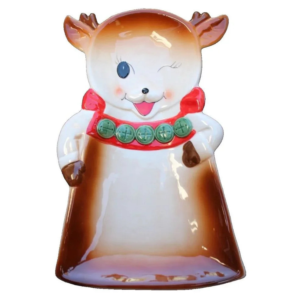 New Brown Christmas Holiday Retro Winking Reindeer Party Server Tray Plate